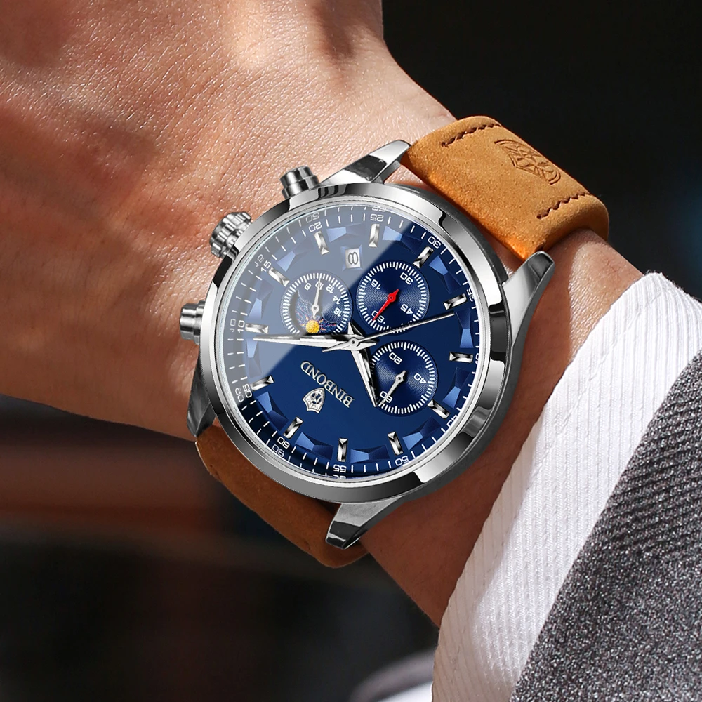 BINBOND الأعمال الفاخرة مقاوم للماء مضيئة تاريخ الأسبوع الرجال ساعة للرجال كوارتز ساعة جلدية B378 رجل ساعة اليد ساعات رجالية