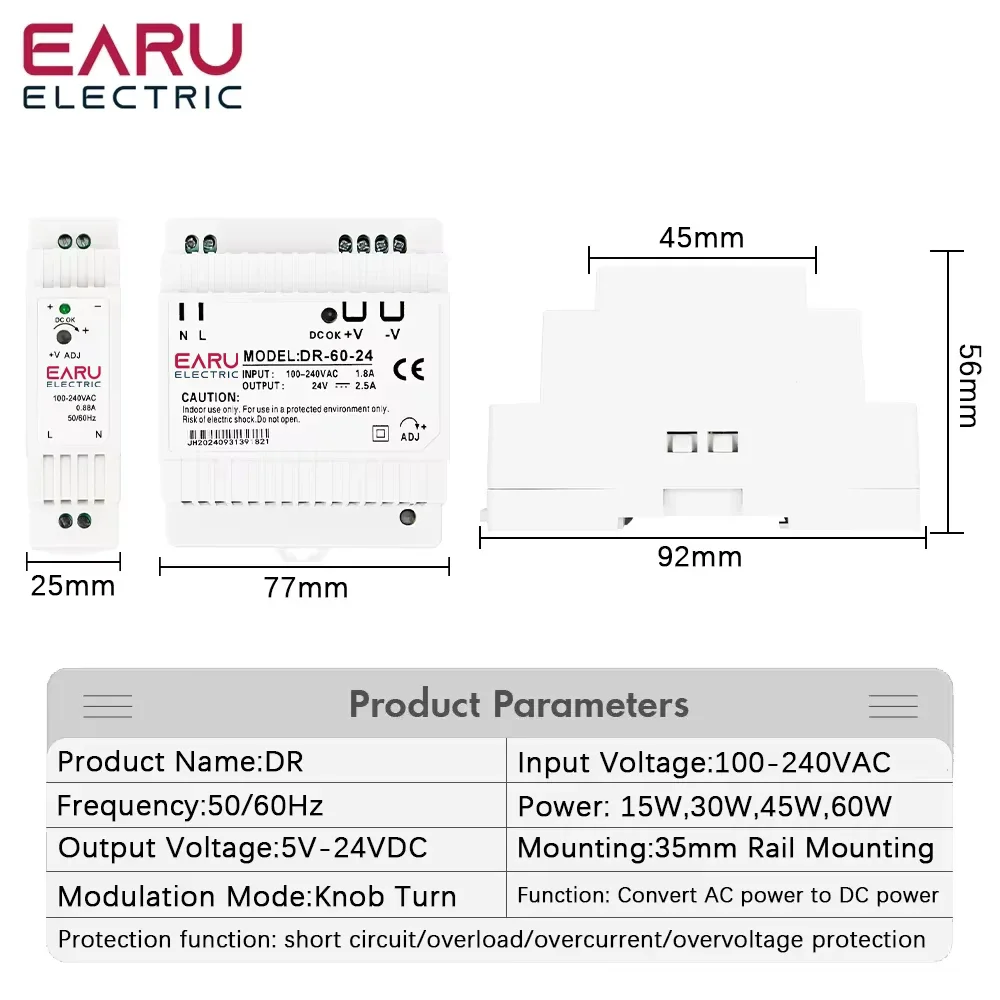 15W 30W 45W 60W Single Output DC 5V 12V 24V Industrial Din Rail Power Supply Switch Input 100-240VAC DR-15 DR-30 DR-45 DR-60