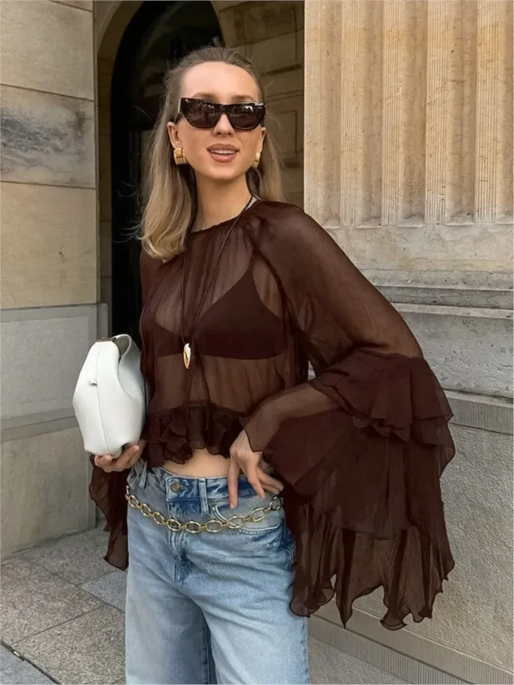 Chiffon Loose Shirt For Women Sexy See-Through Ruffles Sleeve Blouse 2025 New Summer Chic Fashion Solid Casual Round Neck Shirts