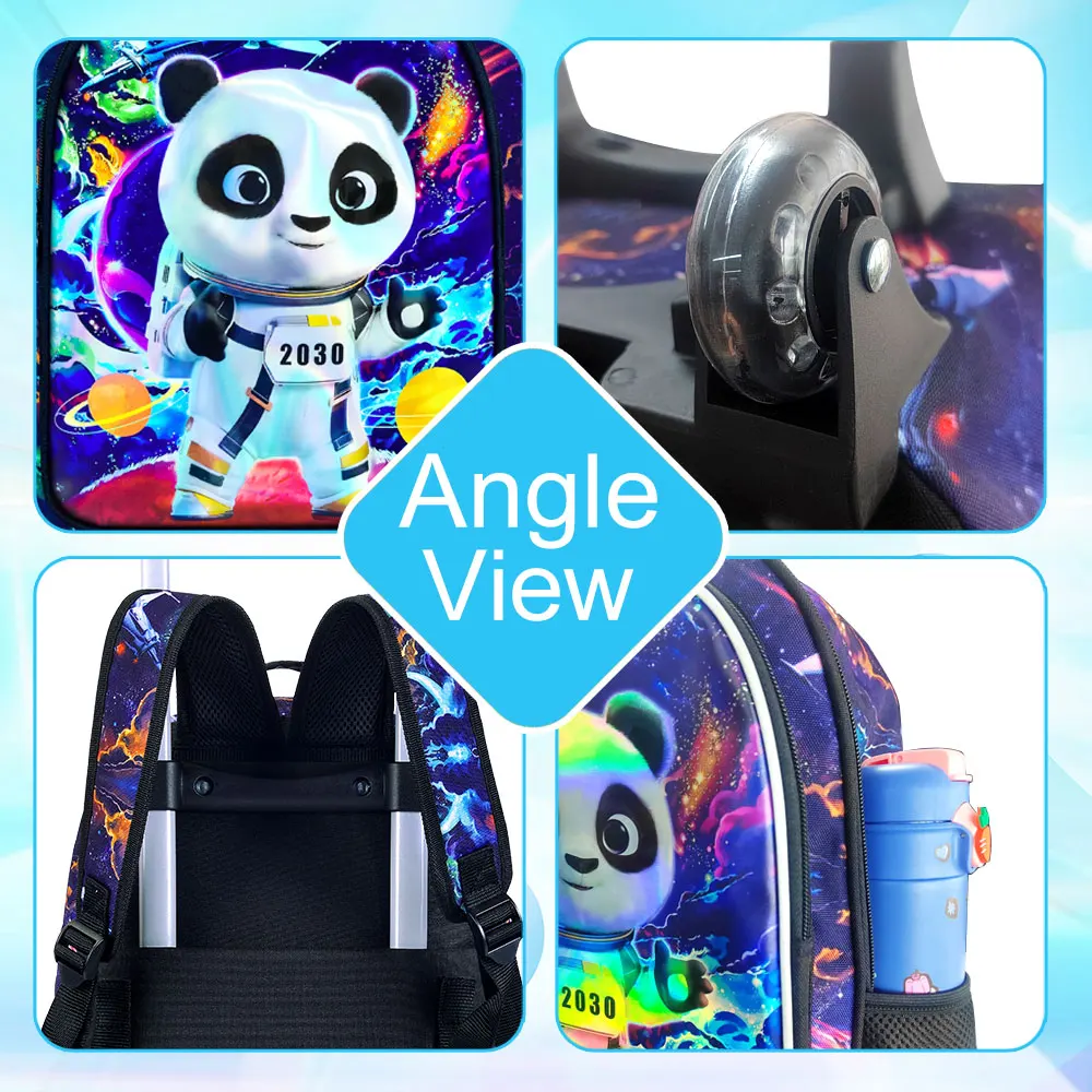 Sac à dos panda roulant pour garçons, sac à livres d'école à roulettes pour enfants avec sac à déjeuner, sac d'école à roulettes pour enfants