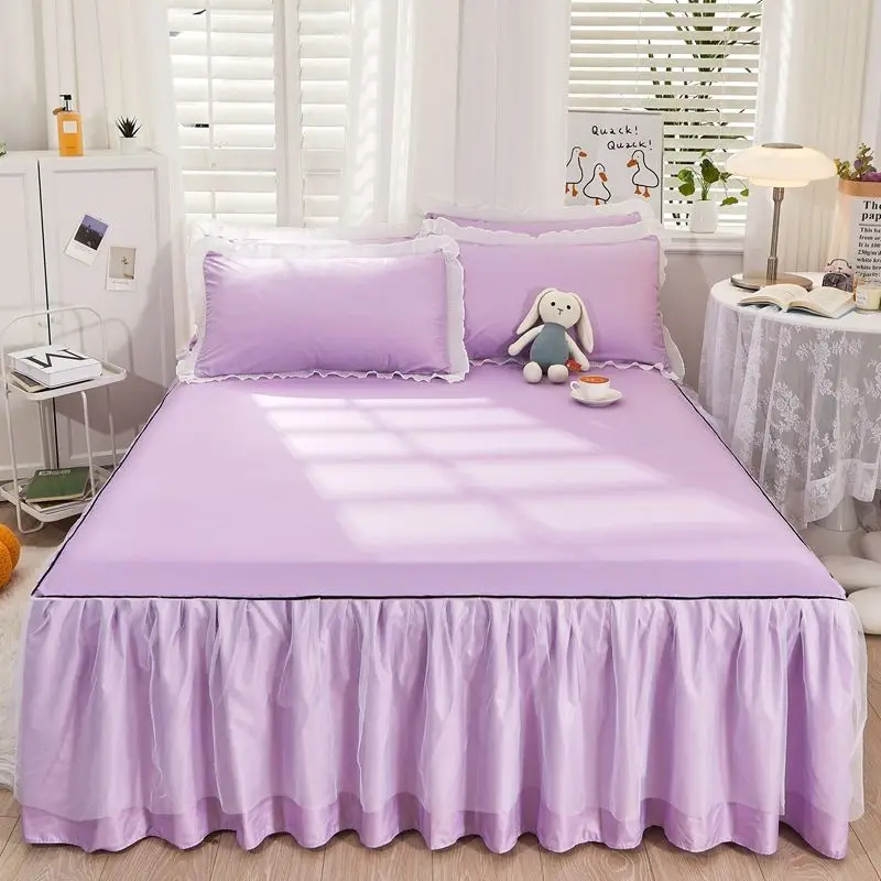 1pcs Princess Bed Skirt Ruffled Lace Bed Skirt Non-slip Mattress Cover Solid Color Bedsheet Protector Bedspread No Pillowcase