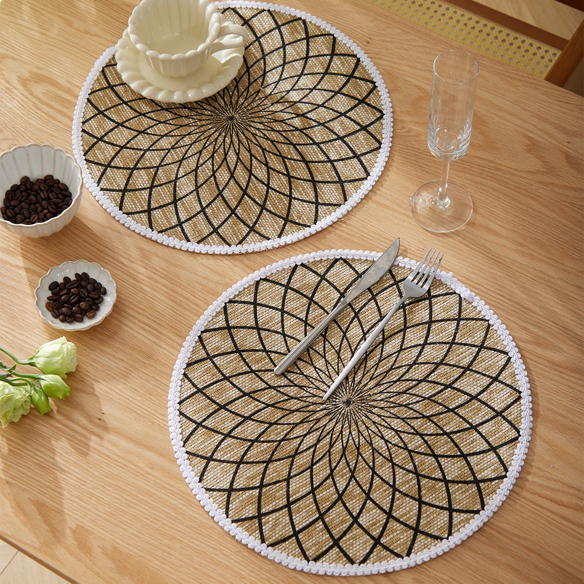 4/6/8/12 Stück Bohemian Runde Jute Tischset Tisch rutschfeste Jutematten für Esstisch Dekoration Zubehör Küche Tischsets