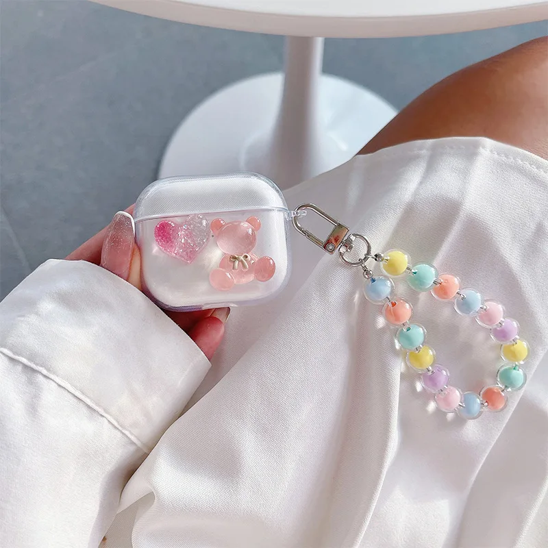 Cute bear Case Compatible with AirPod 1 2 3 Pro2 Cover with Kawaii pearl Keychain Soft TPU Full Body Protective for Young Women