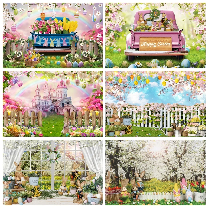 

Spring Easter Photography Backdrop Green Grass Rainbow Truck Colorful Eggs Flowers Forest Rabbit Background Photo Studio Props