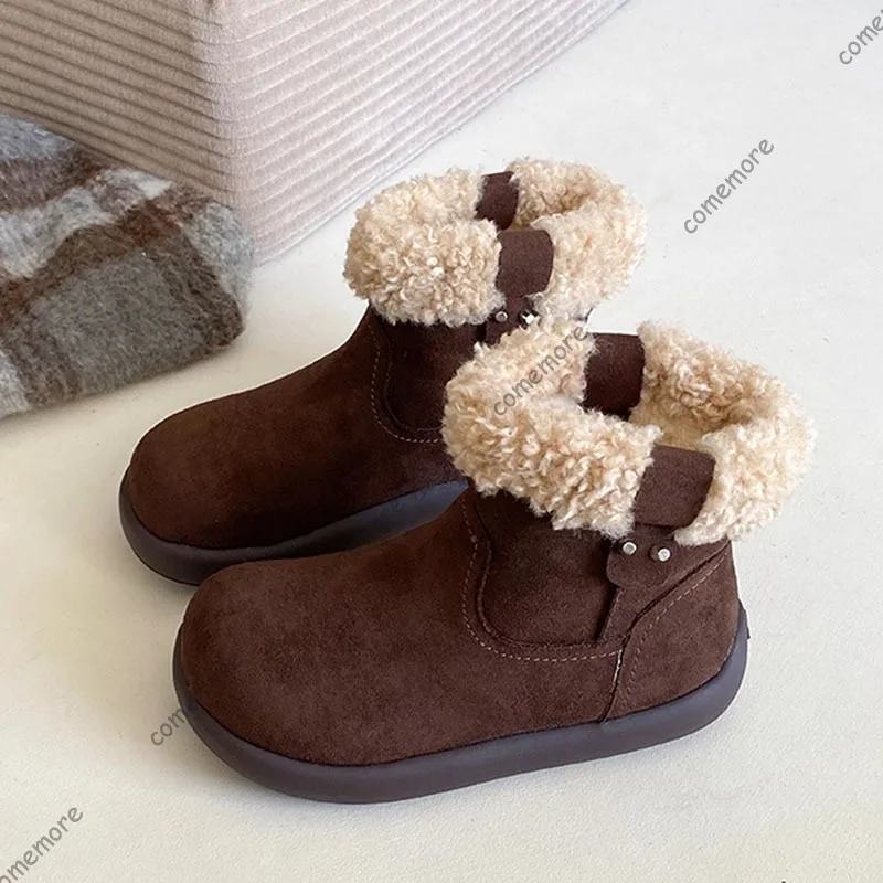 Comemore Vintage Style Padded Short Boots Warm Women Winter Shoes Casual Flat Bottom Slip on Suede Lamb Wool Cotton Female Shoes
