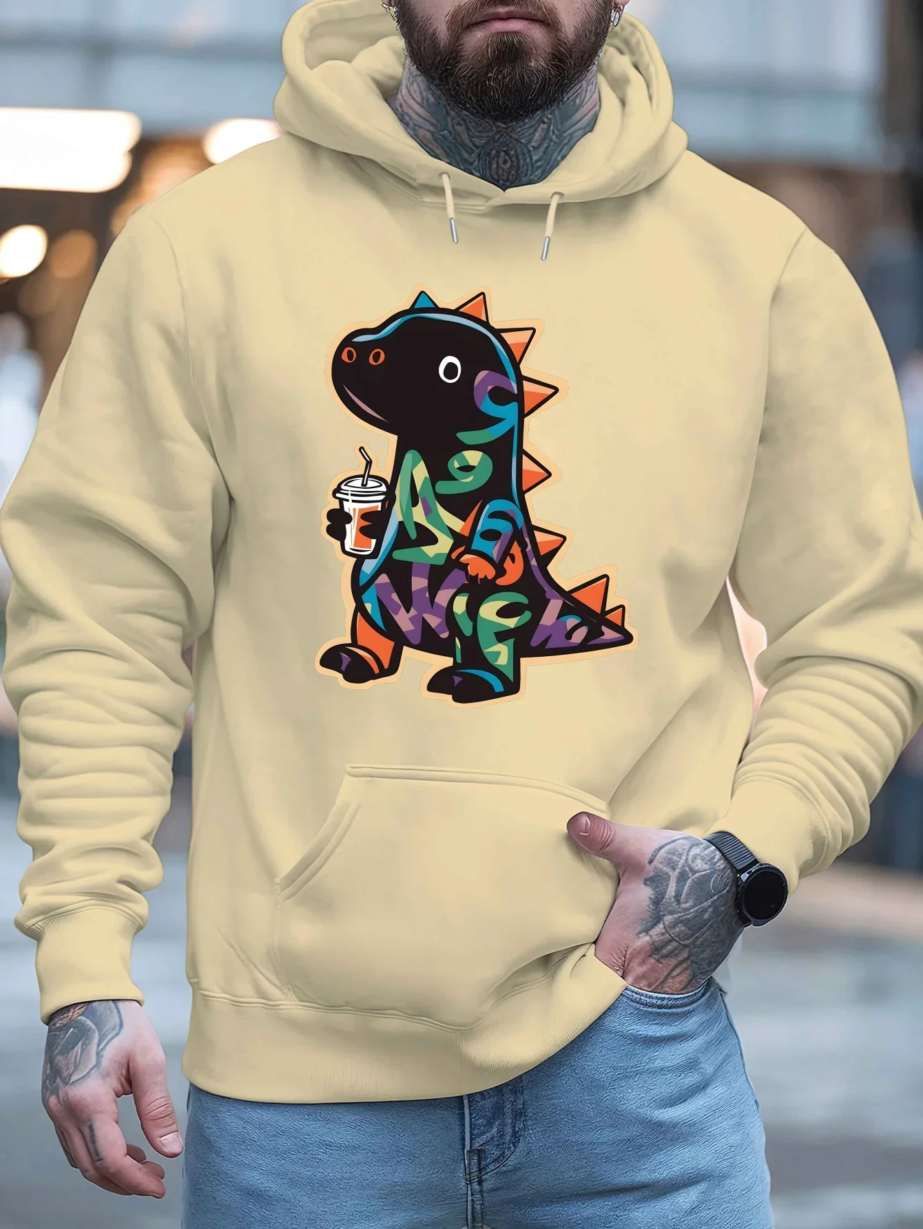 Men Hoodie Graffiti Cartoon Dinosaur Graphic Print Hooded Sweatshirt Casual Loose Streetwear Pullover