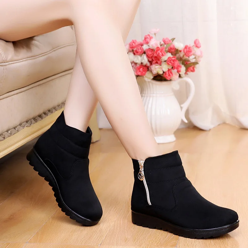 Women Side Zip Snow Boots Winter Solid Colour Warm Mother Thickened Cotton Shoes Soft Bottom Non-slip Flats Botas De Nieve