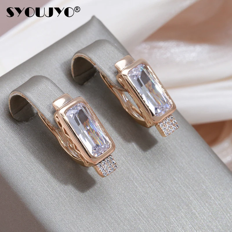 SYOUJYO Shiny Big Square Natural Zircon English Earrings For Women Luxury Design Fine Jewelry 585 Rose Gold Color Daily Earrings