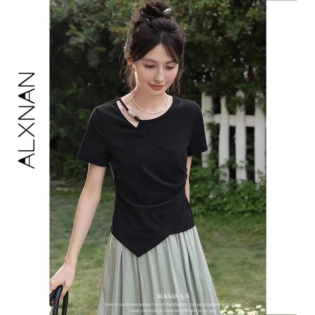 

ALXNAN Black T-shirt Beaded Elegant Pleated Waist Women's T-shirt Summer Asymmetric Hem Cotton Short Sleeve Tops Ladies L551159