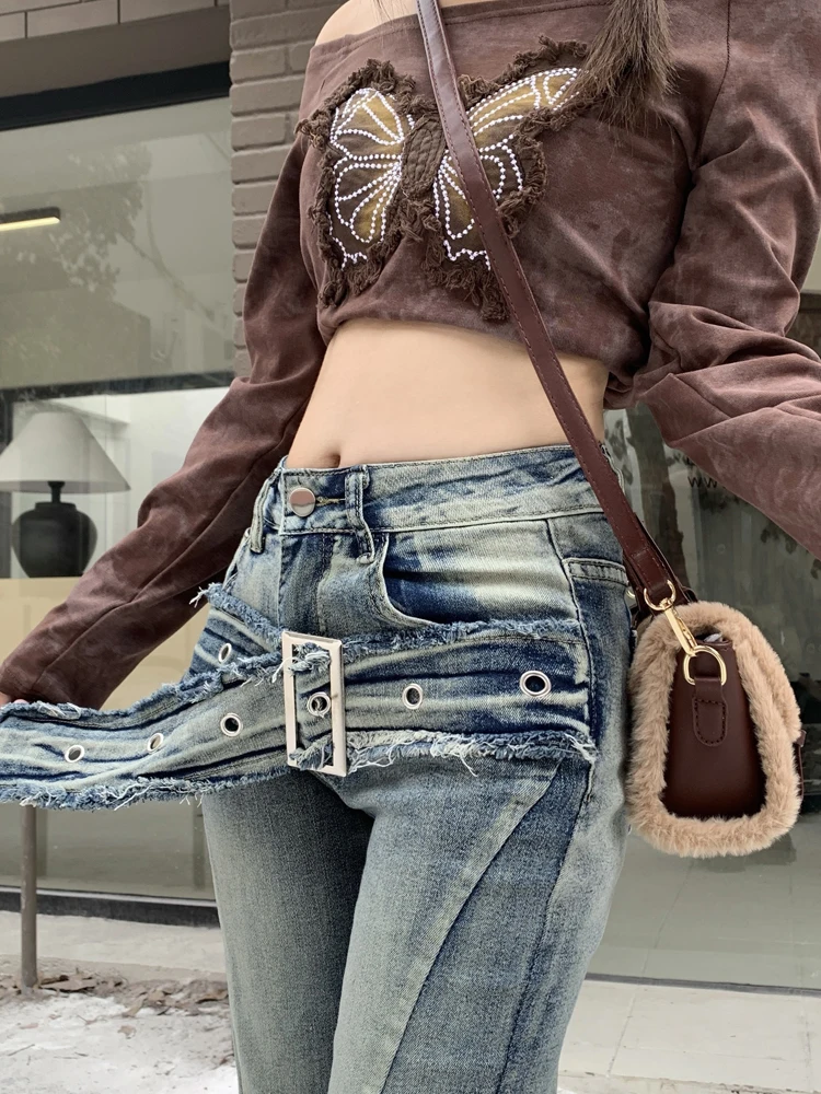 SONNEESD Harajuku Office Lady Denim Trousers Retro Fashion Design Women's Jeans High Waist Slim Cowboy Minimalist Flare Pants