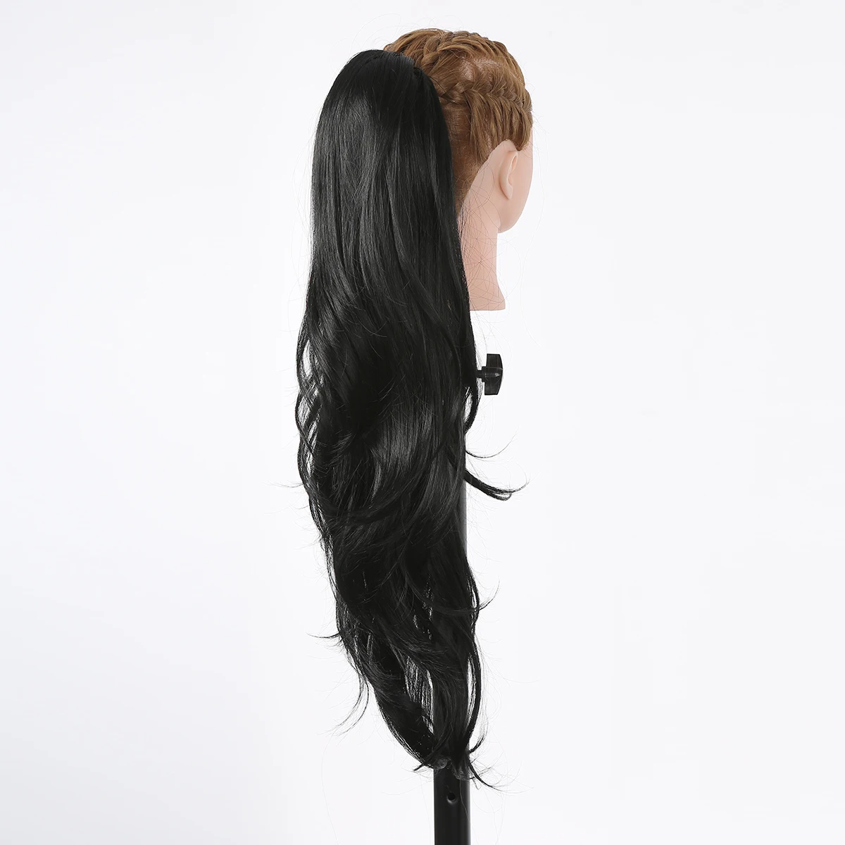 وصلة ذيل حصان صناعية برباط للنساء ، شعر أسود طويل مموج ، ذيول حصان ذات طبقات ، 26" #4