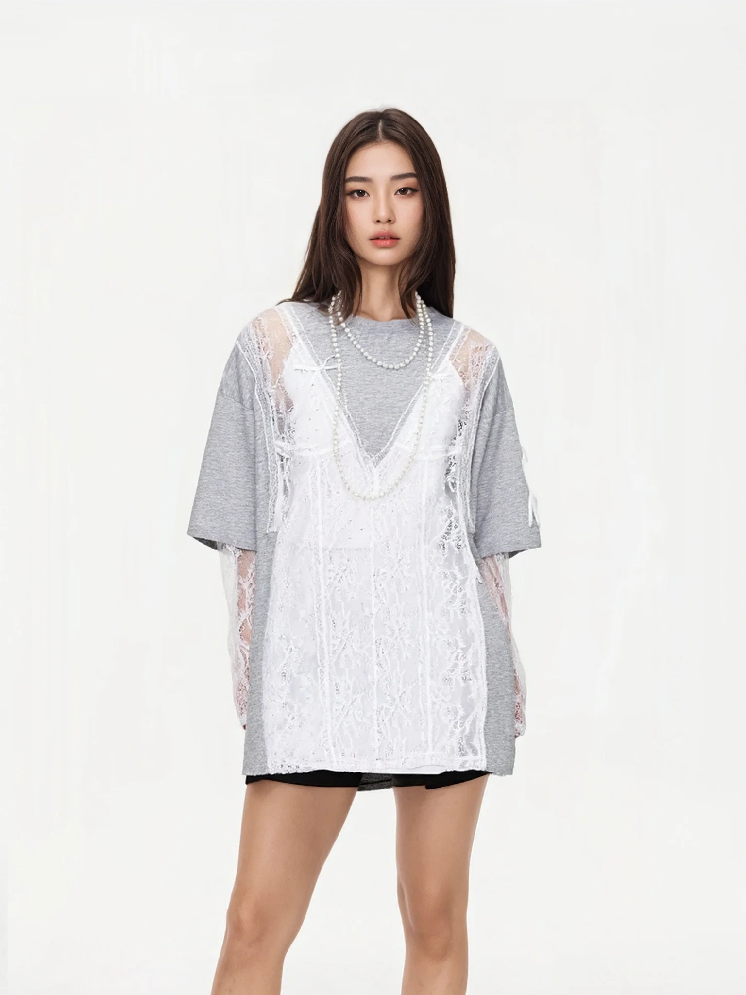 

Новая летняя женская футболка Bloom World свободного кроя с кружевными вставками, круглым вырезом, в стиле колор-блок, с коротким рукавом, средней длины