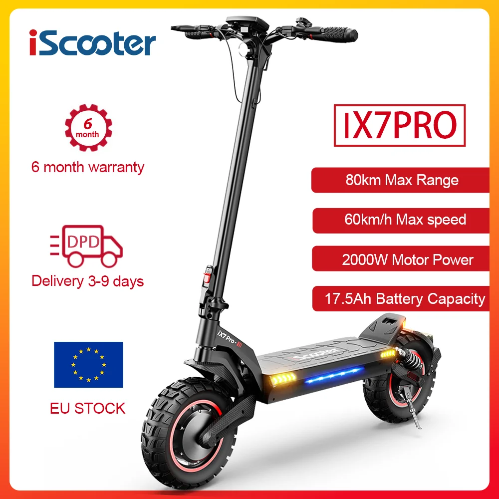 Scooter eléctrico todoterreno iScooter iX7Pro de doble tracción, velocidad máxima 60 km/h, neumático de 10 pulgadas, 2000 W, 17.5 Ah, 48 V, plegable, con aplicación.