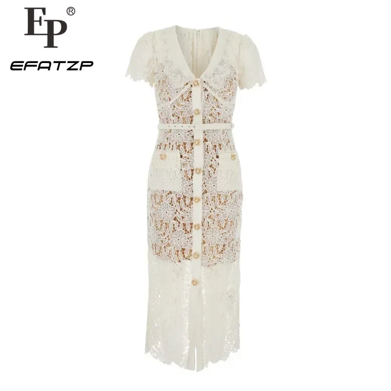 

Pencil Long Dress Ivory White Temperament Lapel Waist Dress High Sense Water Soluble Lace 2024