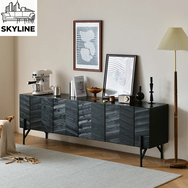 Nordic Black Fishbone Pattern TV Cabinet, Tall Audio Side Storage Cabinet