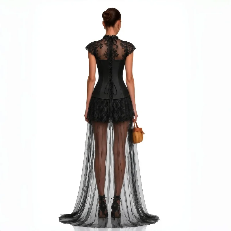 Customized Sweetheart Neck Sleeveless Prom Dress Floor-Length Vestidos De Noche Lace Appliques Lace High Neck Formal