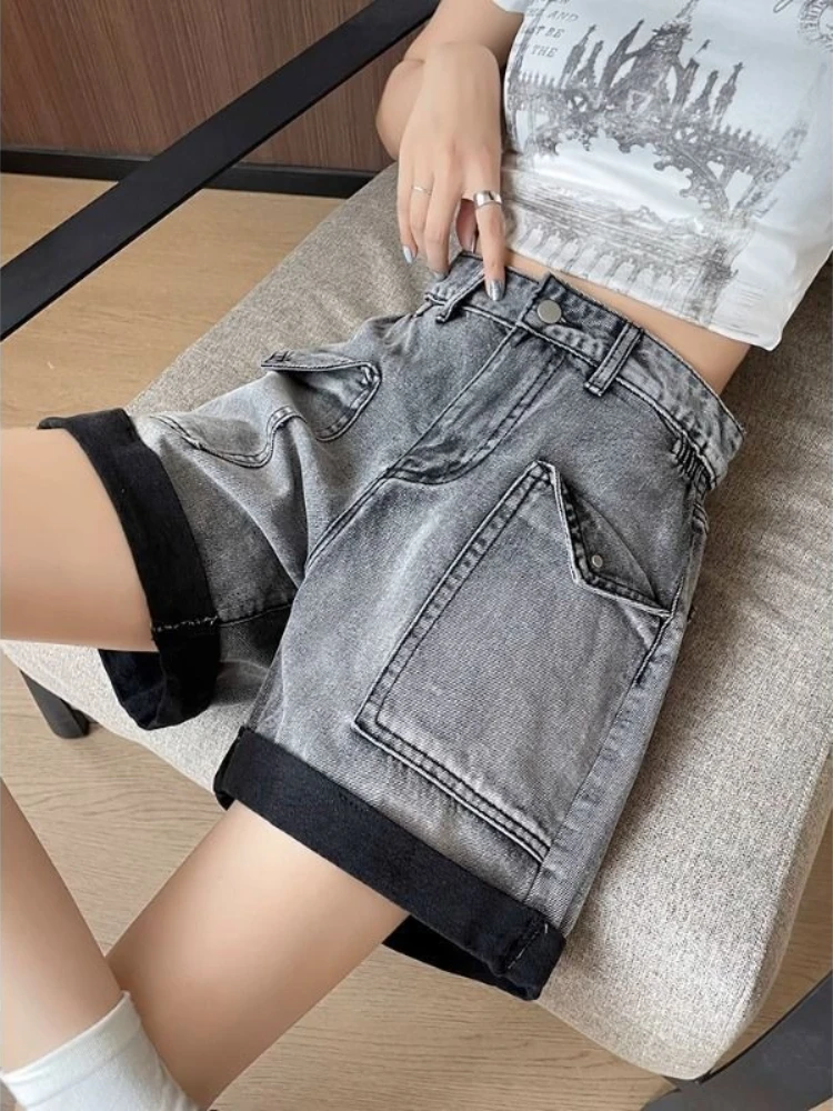 

Women's Gray Black Denim Shorts Loose Wide Leg A Line with Side Elastic Waistband Rolled Cuff Lightweight Summer Thin Fabric
