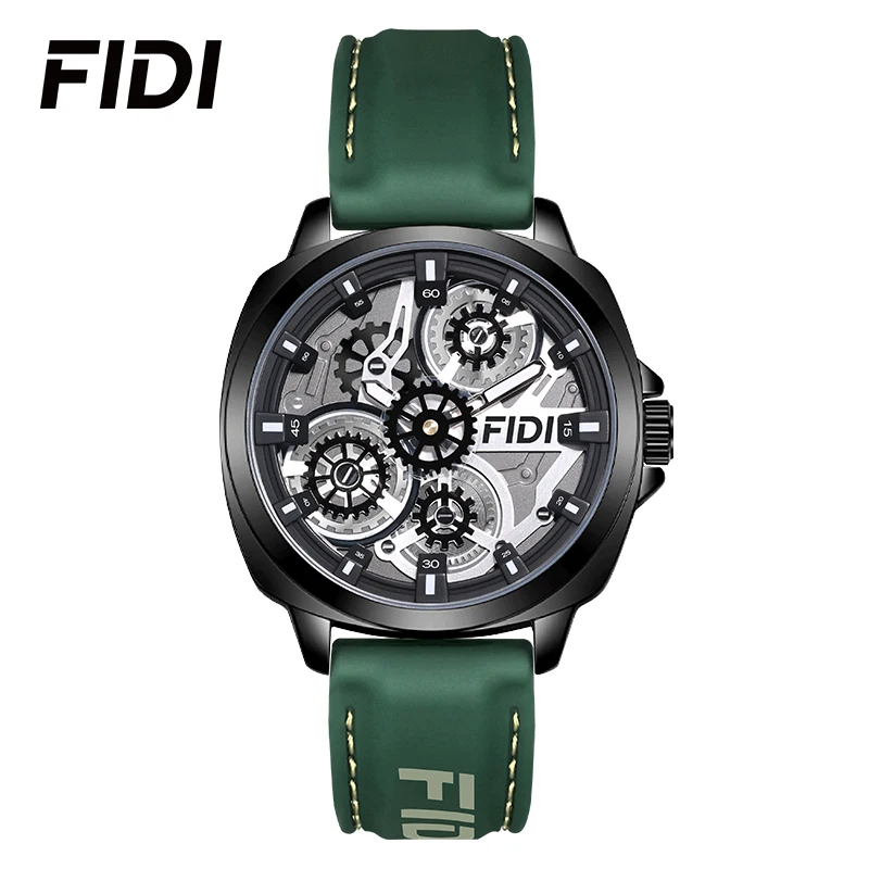 

FIDI Mens Gear Dial Quartz Watch Silicone Strap 3ATM Waterproof Luminous Hands Tonneau Case Sport Business Wrist Watch