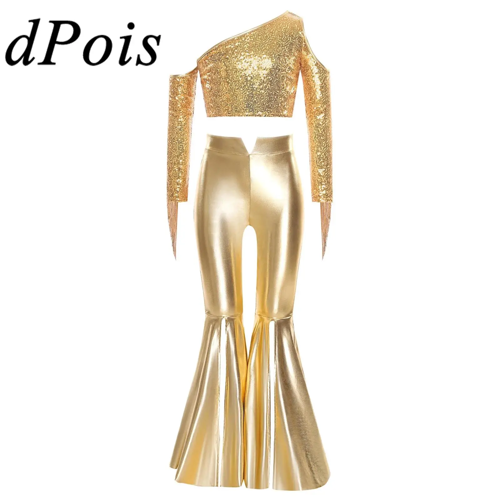 

Детские балетные джазовые наряды с блестящими пайетками и кисточками для девочек, костюм для вечеринок, укороченный топ + металлические брюки-клеш с разрезом