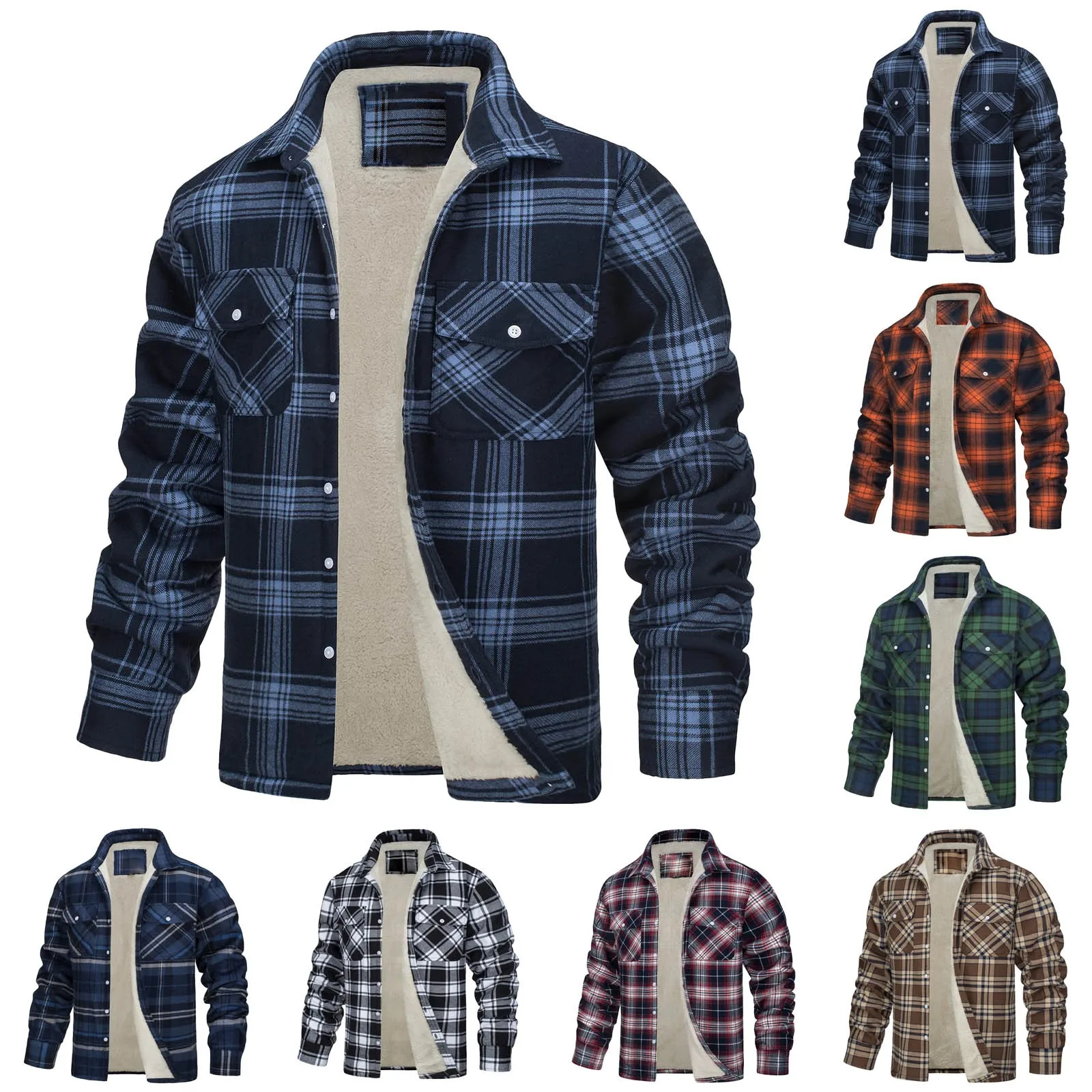 Winter Men's Plaid Coat Fleece Thicked Lapel Jacket Single-breasted Pocket Outwear Male Padded Shirt Men Casual Warm Coat