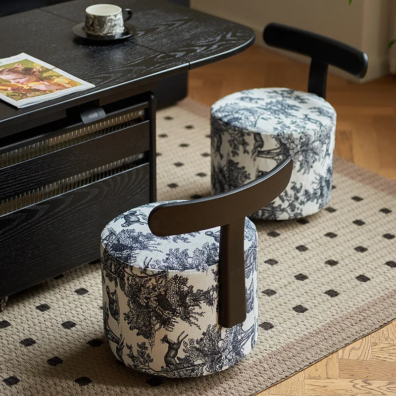 

Solid Wood Backrest Stool Round Entrance Shoe Stool Mid-Century Modern with Pulleys Accent Seat Compact Living Room Furniture