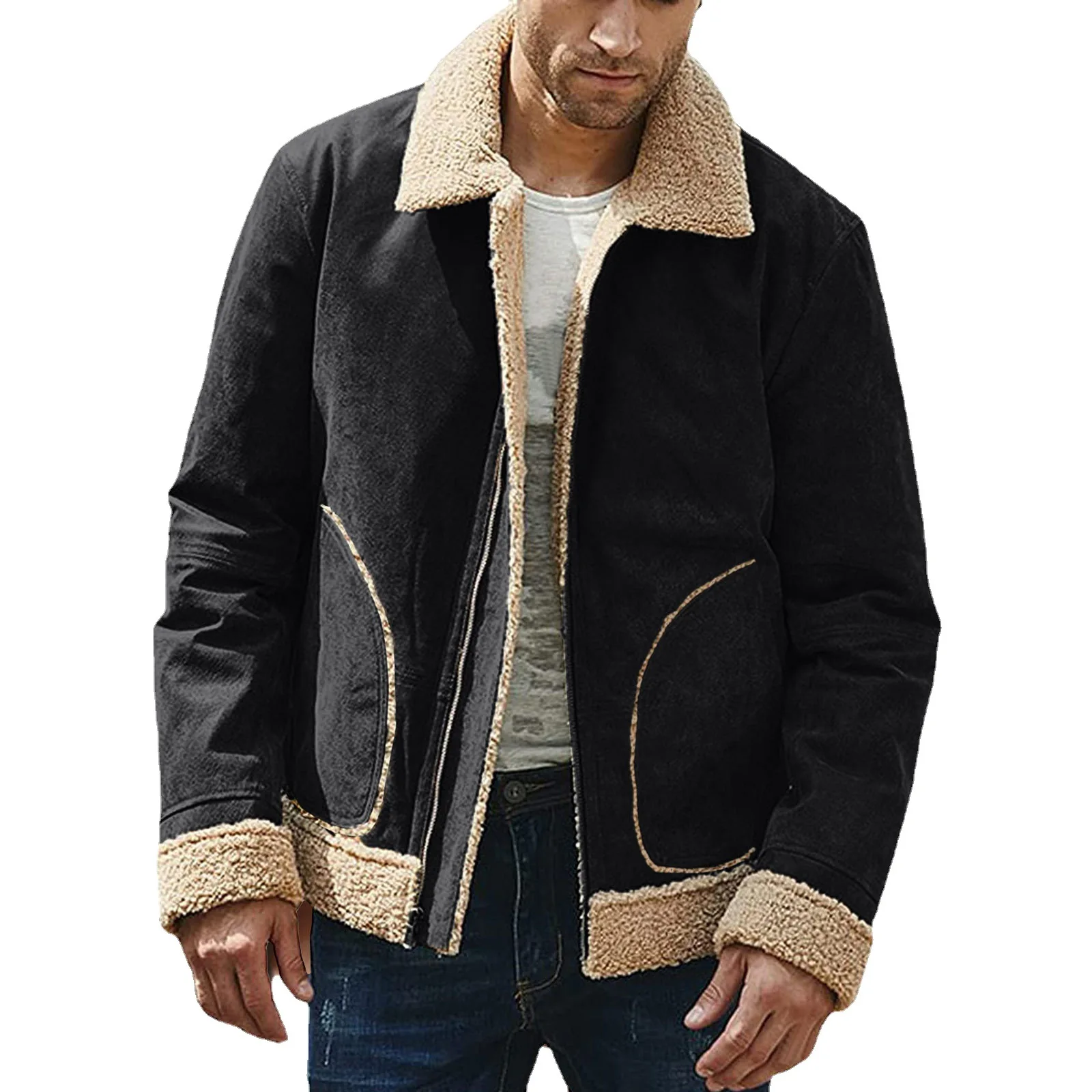 Men's Solid Color Thickened Frosted Plush Composite Jacket fur integrated Coat Oversize Warm Outwear for Men