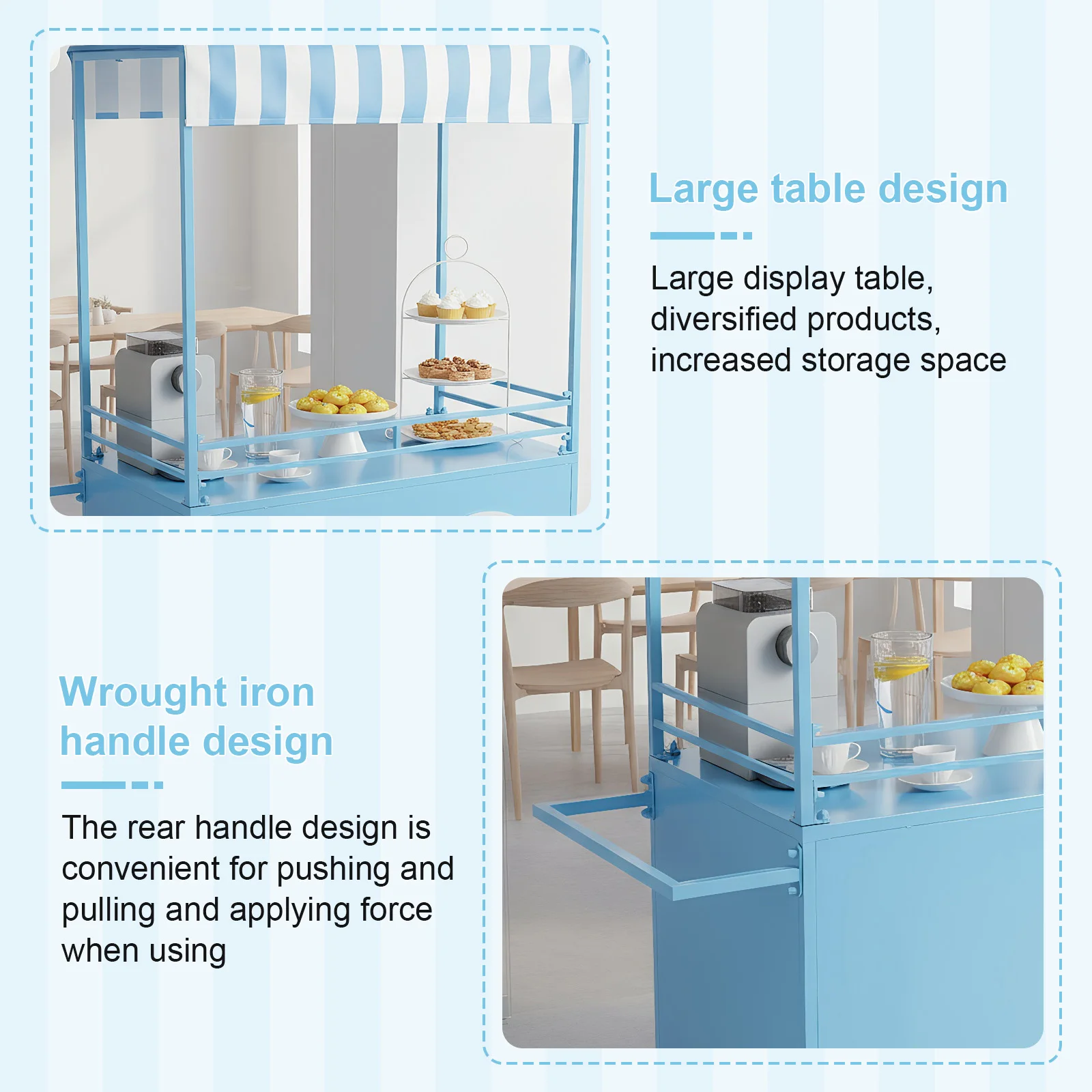 

Mobile Food Display Stand with Lockable Wheels Portable Food Display Stand with Canopy for Birthdays Weddings Streets Events