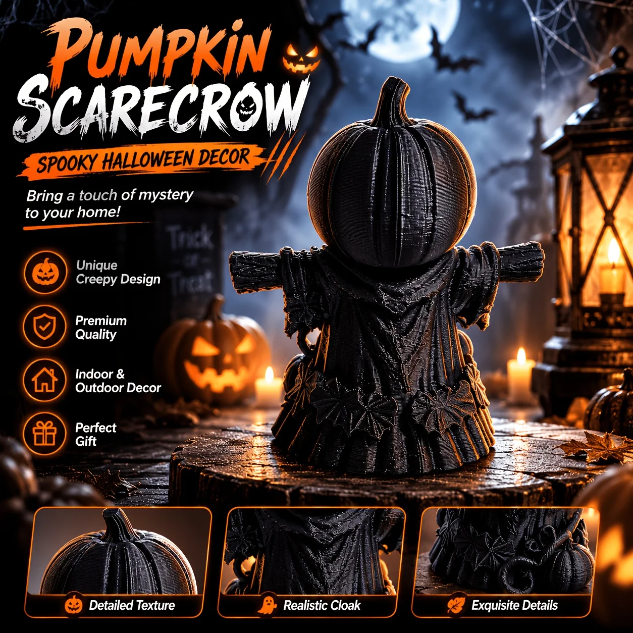 Pumpkin Scarecrow Figurine Halloween Decor Spooky Creepy Pumpkin Head Statue Home Indoor Outdoor Display Collectible Gift