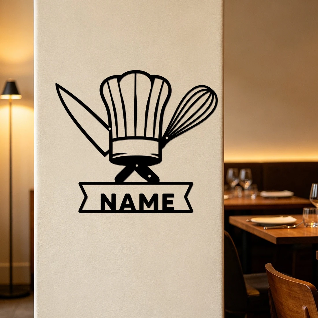Custom Name Chef Hat Metal Wall Sign, Kitchen Knife Whisk Metal Wall Decor, Vintage Metal Plaque for Kitchen Cafe Decoration