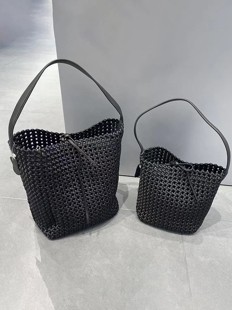 

High Quality Large Capacity Cowhide Tote Bag Nylon Woven Handmade Bucket Bag Women's Handbag Female Shoulder Bag Lady Purse