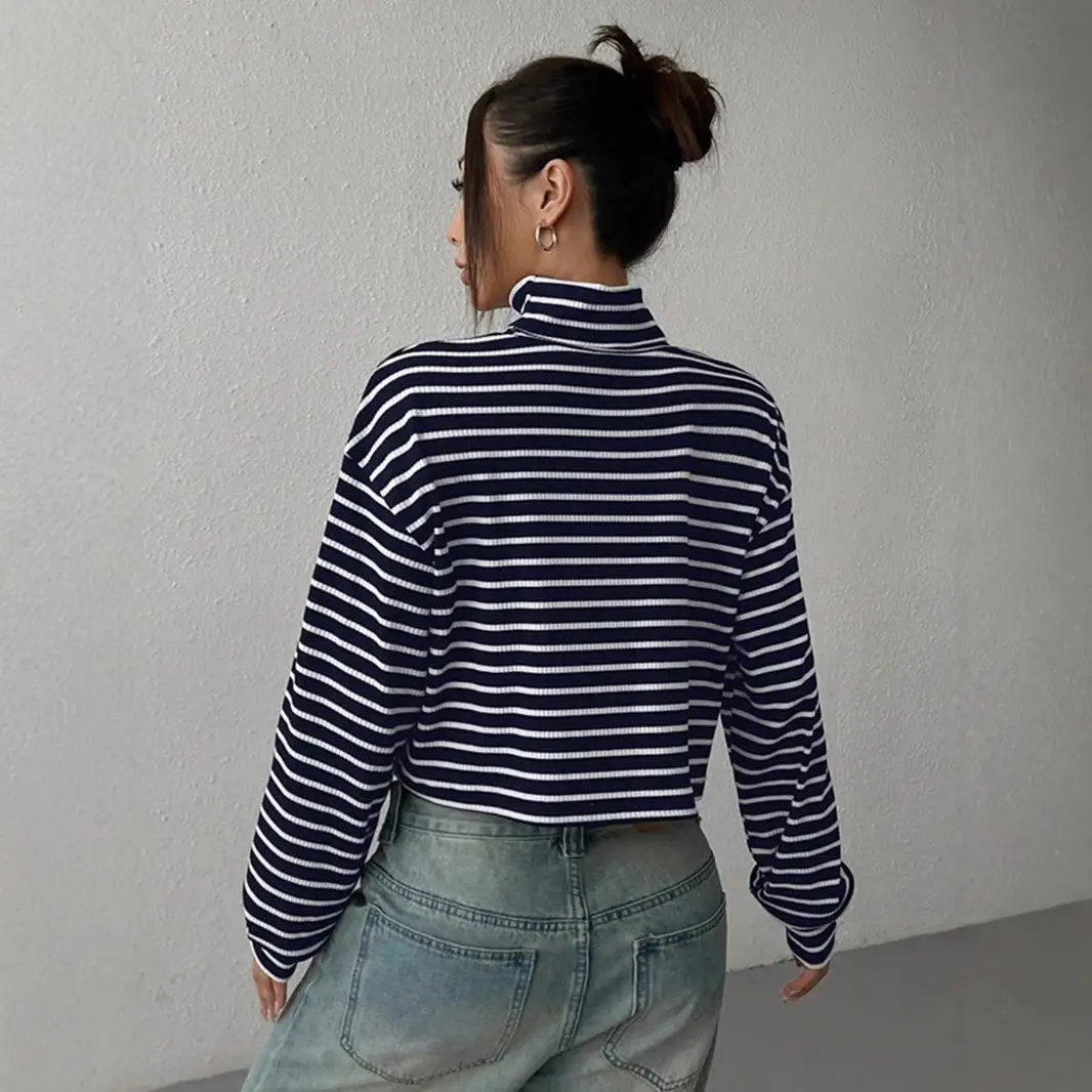 High Ne Long irt haut asiatique femme décontracté coupe ample Polyester longue Sve rayé T-irt pour dames saison de printemps