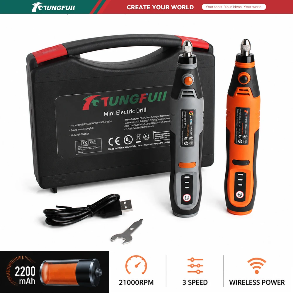 TUNGFULL Cordless Rotary Tool 21000RPM 2200mAh Rechargeable Electric Grinder 3‑Speed Handheld DIY Polishing Carving Cutting Tool