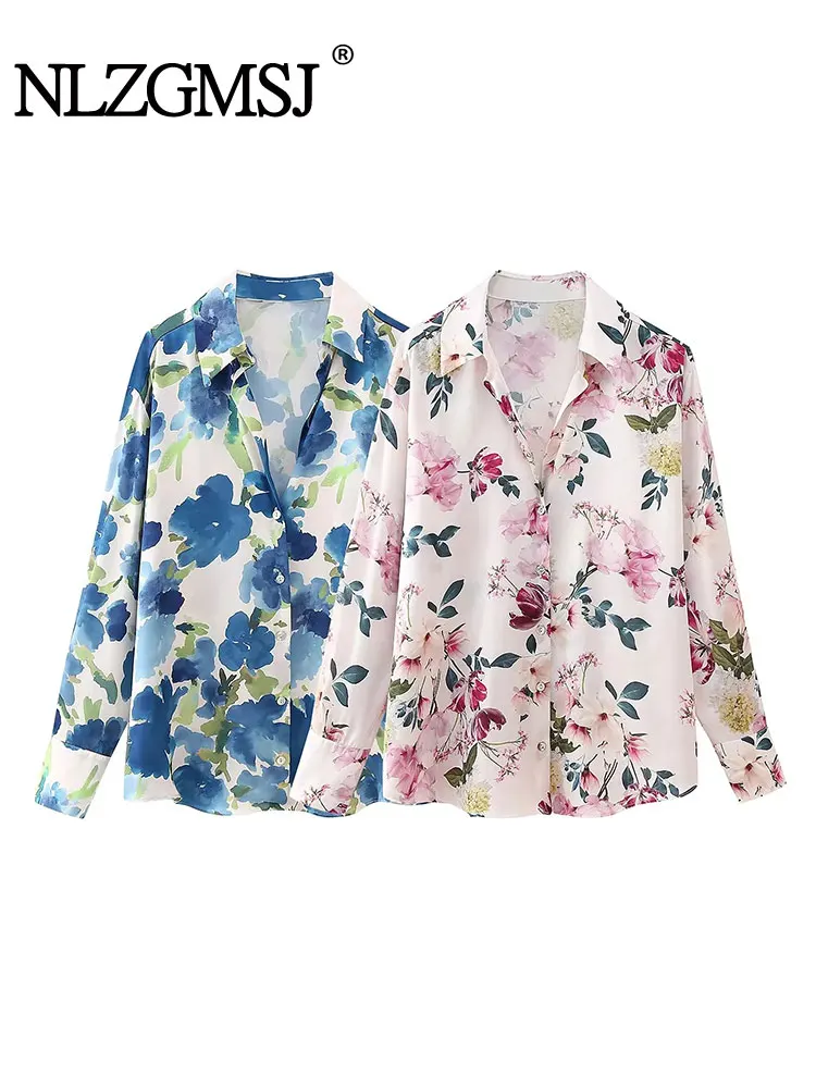 TRAF 2024 Spring Women\'s Shirt Floral Printed Shirts for Women Button up Blouse Woman Long Sleeve Elegant Shirts Blouses Tops