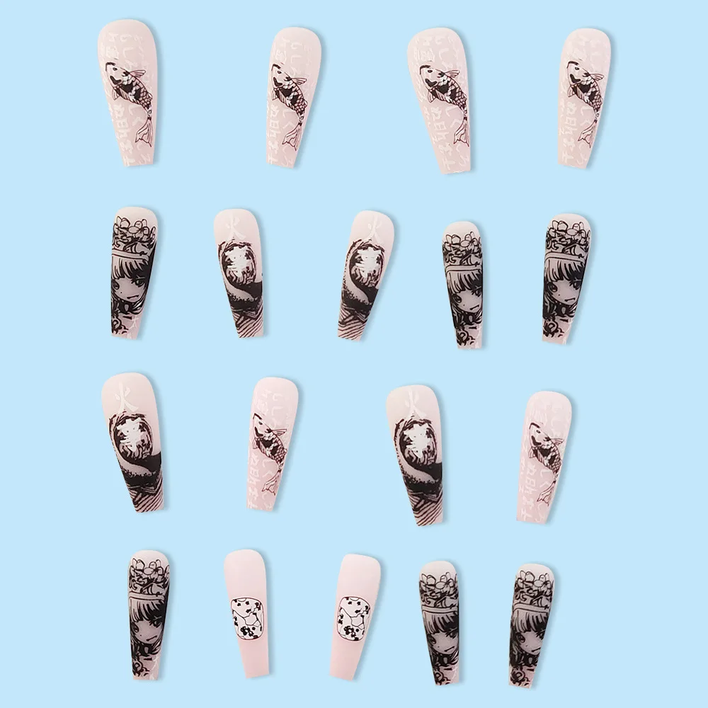 24 قطعة من أظافر الضغط مع موجة، سمكة كوي، وجه فتاة ووودل أسود على قاعدة بيضاء، شكل نعش طويل، مقاسات متنوعة #3