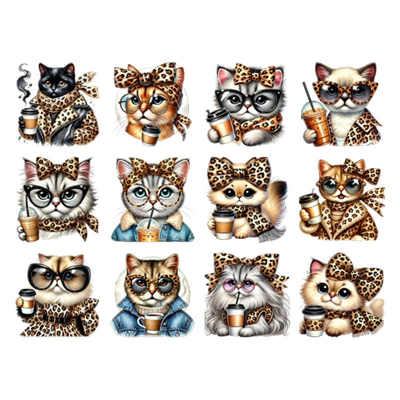 15types cartoon animal coffee cats Leopard DTF Thermo Sticker Decals Heat Transfer Clothes Clothing Crafts Ironing Diy Accessory