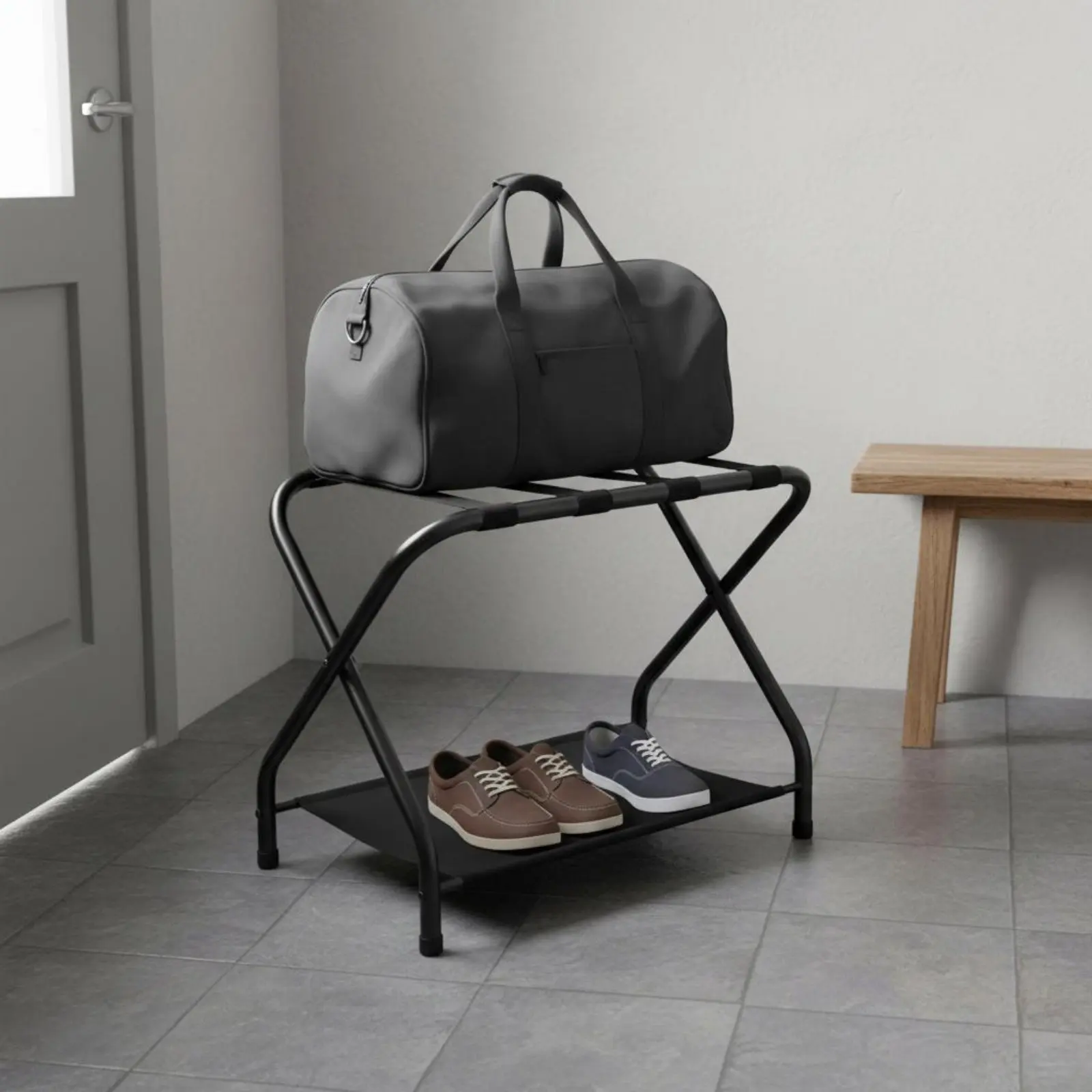 Folding Luggage Rack Double Layer Hotel Bag Rack Metal Luggage Shelf Sturdy Folding Suitcase Stand Stable for Travelers
