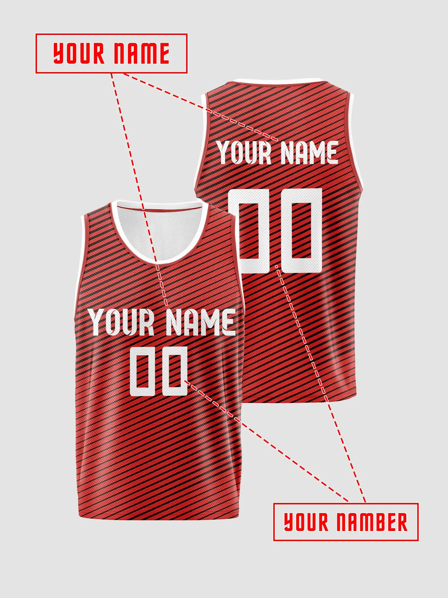 Red‑Black Diagonal‑Stripe Custom Basketball Jersey for Adults & Kids, Breathable Mesh, Customizable Name Number