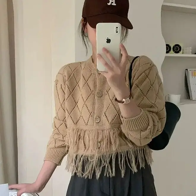 Autumn Cardigan Women Layered Tassel Hollow Knitted Thin Autumn Design Sexy Sweet Slim Sweater Jacket Trend