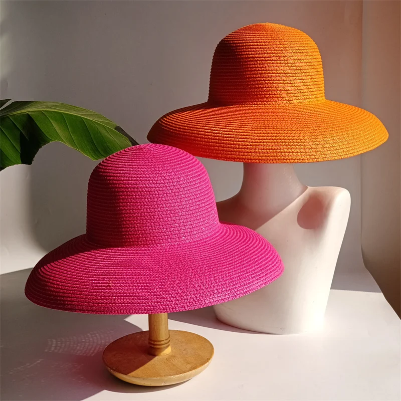 Hepburn-Stil Strohhut Vintage-Design Big Eaves Strohhut Damen Mädchen Einfarbig Strandurlaub Big Sun Gorra