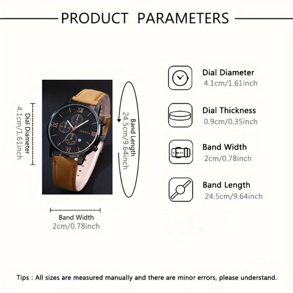 ساعة رجالية 5 قطع/مجموعات، ساعات كوارتز كاجوال للرجال، حزام من سبائك تناظرية ومجموعات ساعات يد متطابقة من جلد البولي يوريثان. #4