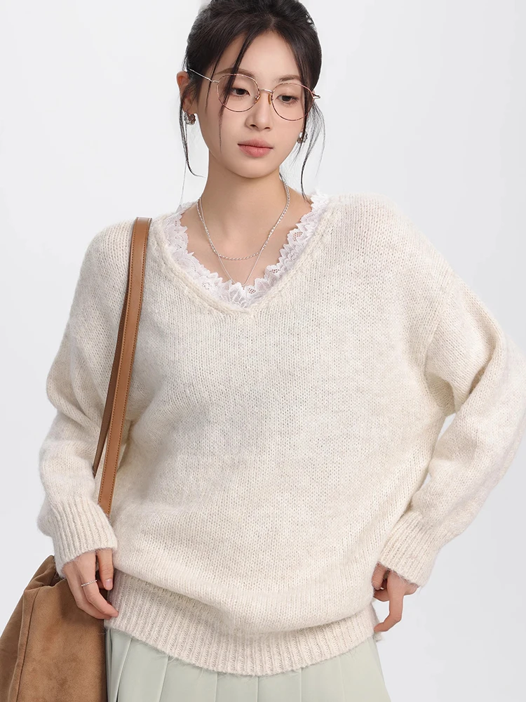 Autumn New V-neck Long Sleeve Sweater Women Fashion Casual Versatile Loose Lace Patchwork Pullovers Elegant Chic Knitted Tops