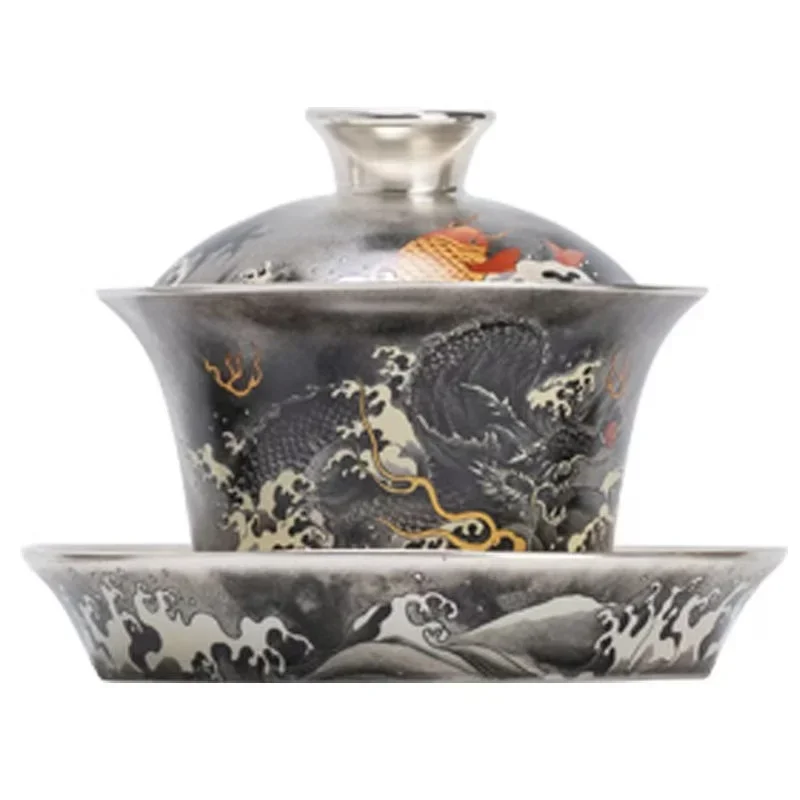 130ML Ink Dragon Hand-painted 999 Silver Sancai Cover Bowl Ink Wash Wind Kung Fu Tea Set High-end Tea Bowl with Cover Collection