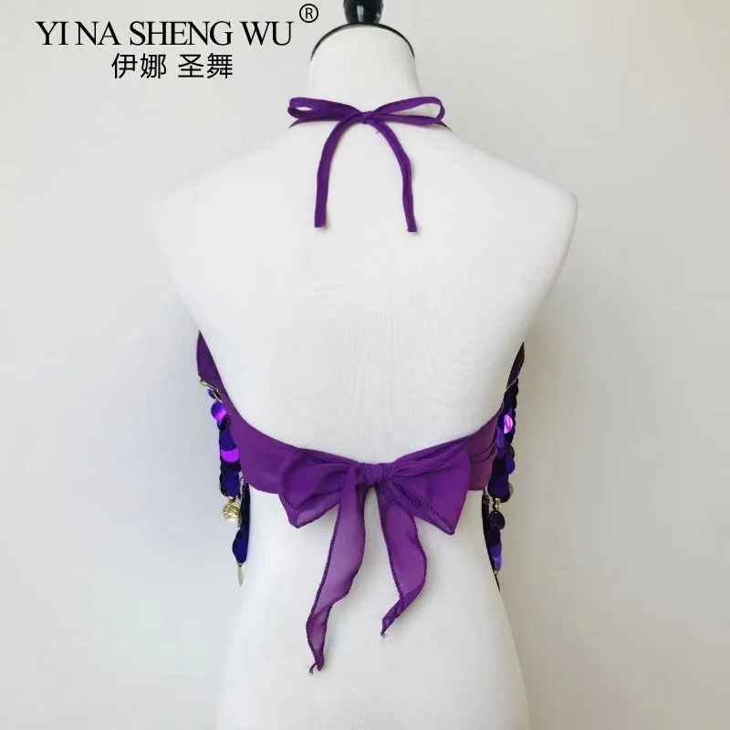 المرأة ملابس رقص البطن الترتر الصدرية الأعلى الكبار مثير عارية الذراعين قوس قزح الترتر شرابة السباغيتي حزام أعلى حجر الراين عملات أعلى