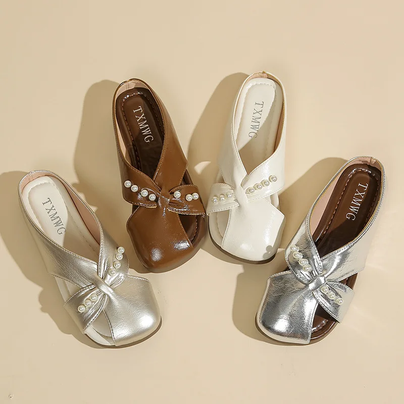 

Fashionable Retro Crossband Hollow out Summer Sandals Women's Flat Head Cover Half Slippers Outdoor Beach Wear Comfortable Sl...