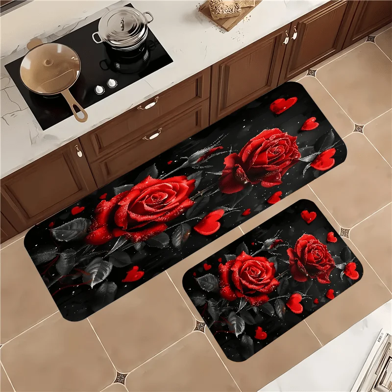 Red Rose Black Background Kitchen Mat Non Slip Washable Rug For Bathroom Laundry Office Home Decor