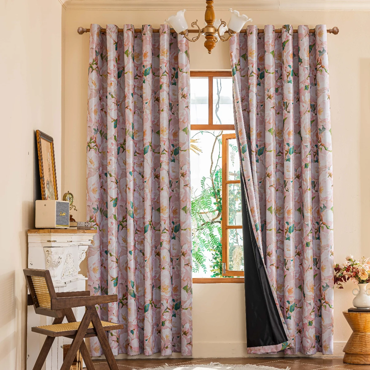 1Pc New Coated Pink Floral Print Curtains, 100% Blackout Fabric for Home Use, Blackout and Heat-Insulating Thickened Curtains, Decorative Rod-Pole Curtains for Living Room, Bedroom, and Study