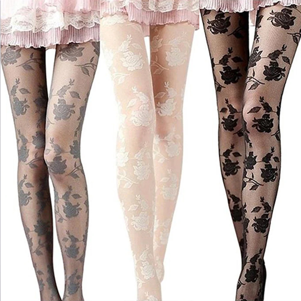 Wholesale Women Fashion Rose Pattern Tight Lace Pantyhose Sexy See-through Stockings