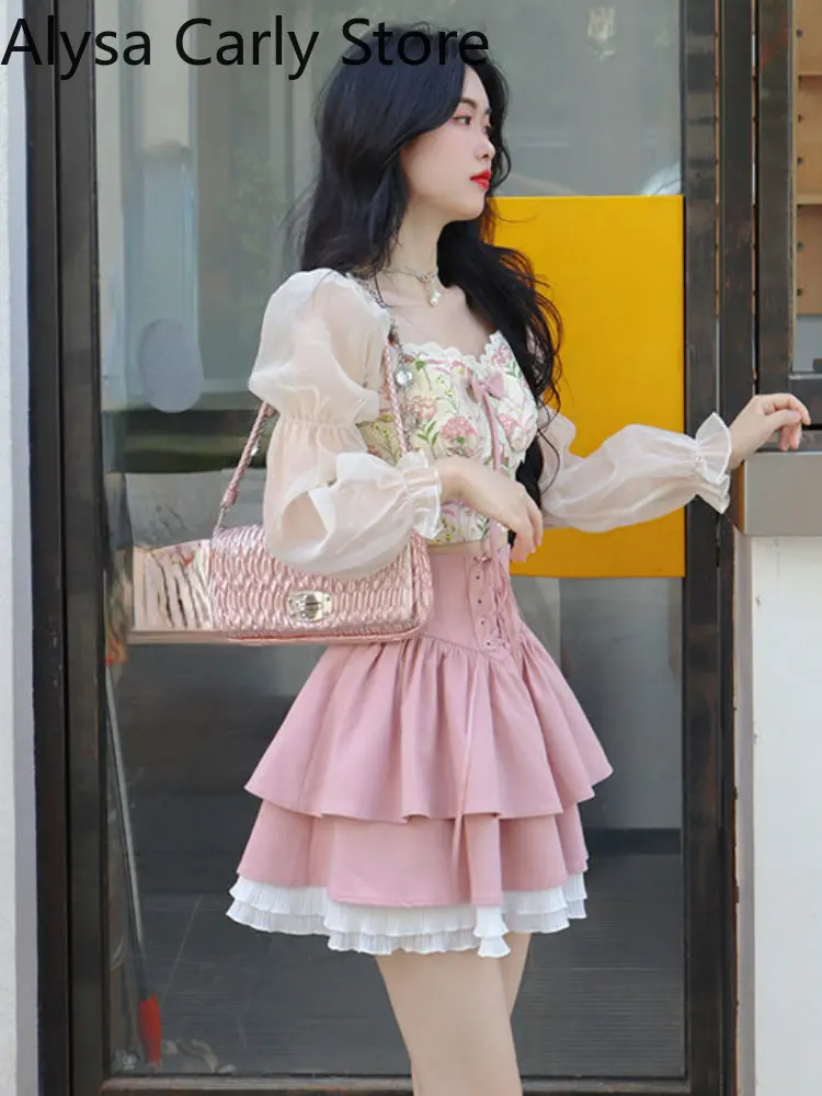 2022 Autumn Sweet Two Piece Set Women Lace Floral Blouse Casual Ruffle Chic Skirt Set Designer Bow Slim Female Cute Party Sets