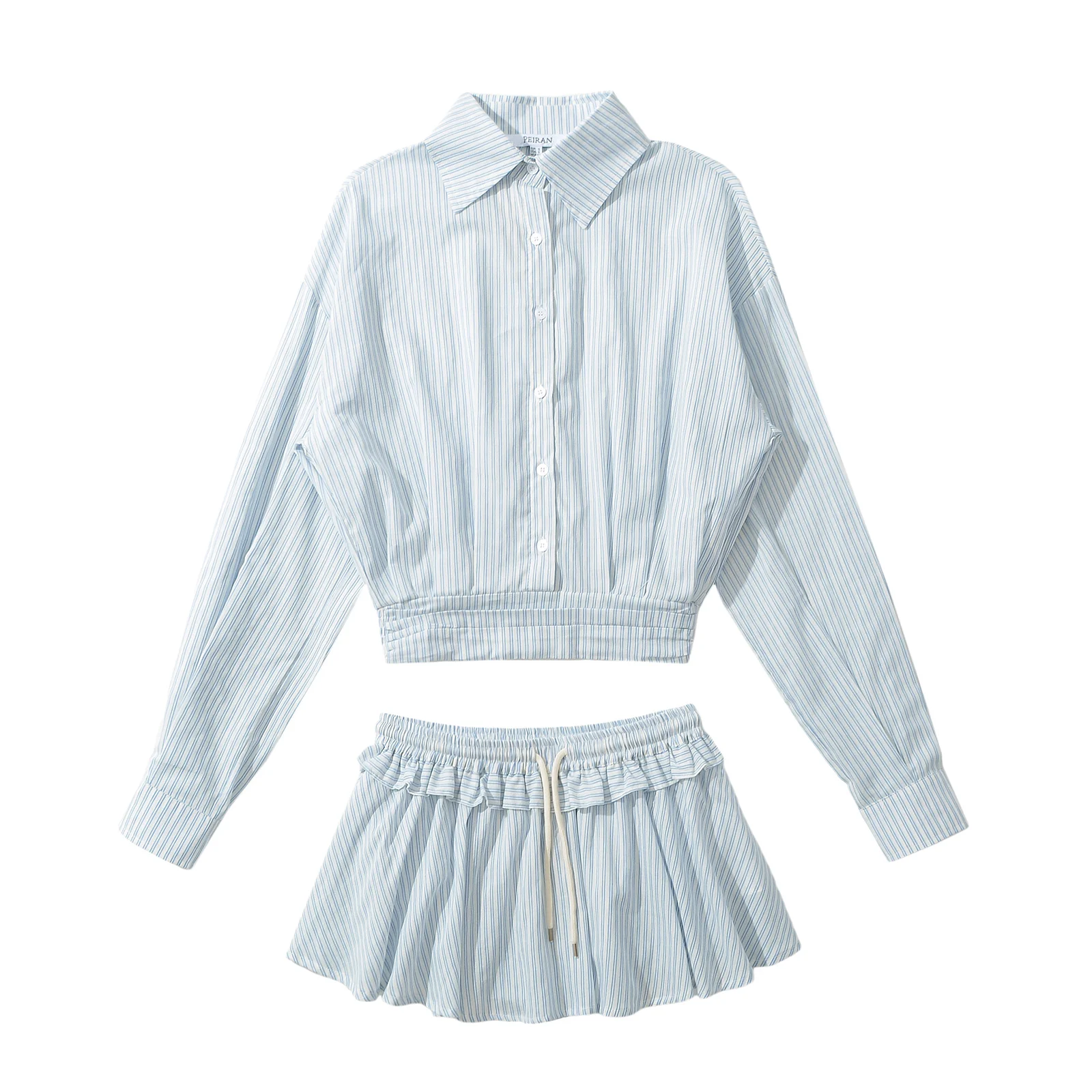 2 Pieces 1 Set Sexy Women Blue White Striped Slim Waist Bat Sleeve Lapel Shirt Elastic Low Waist Wood ears Pleated Mini Skirts