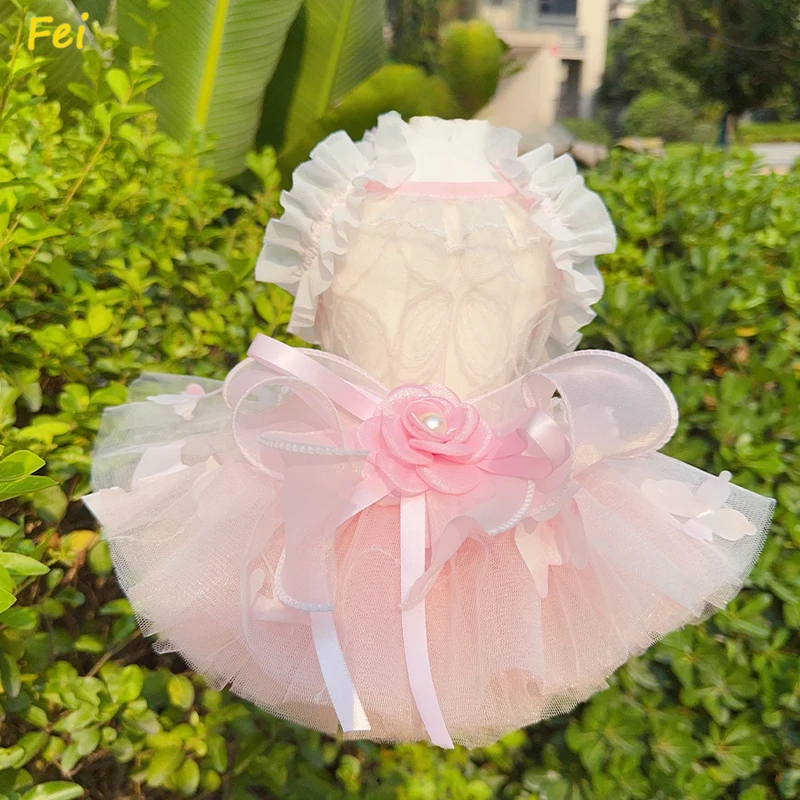 

Summer Pink Purple Pet Dog Clothes Fashion Soft Hollow Lace Bow Party Dresses For Small Medium Dog Poodle Teddy Puppy Clothing